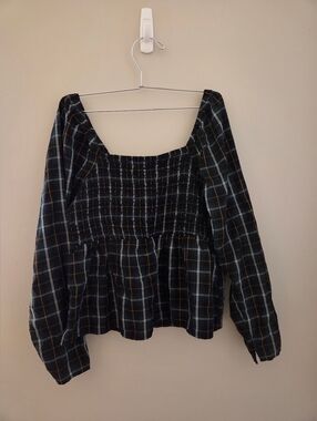 Old Navy Plaid Smocked Square-Neck Peplum Top
